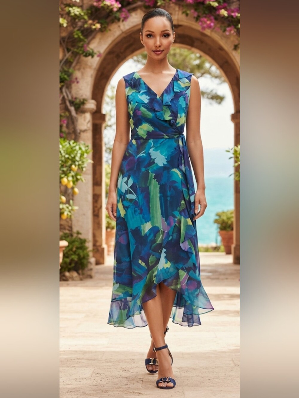 London Times Blue Green Floral High-Low Wrap Dress